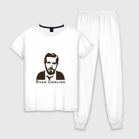 Женская пижама хлопок с принтом Ryan Gosling , 100% хлопок | брюки и футболка прямого кроя, без карманов, на брюках мягкая резинка на поясе и по низу штанин | ryan gosling | райан гослинг
