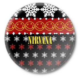 Значок с принтом Nirvana праздничный ,  металл | круглая форма, металлическая застежка в виде булавки | Тематика изображения на принте: cobain | kurt | nirvana | альтернативный | боритон | гранж | группа | дональд | знак | кобейн | красный | крист новоселич | курт | музыка | музыкант | надпись | нирвана | новогодний | новый год | певец | праздник