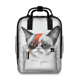 Женский рюкзак 3D с принтом Grumpy cat (David Bowie) , 100% полиэстер | лямки с регулируемой длиной, сверху ручки, чтобы рюкзак нести как сумку. Основное отделение закрывается на молнию, как и внешний карман. Внутри два дополнительных кармана, один из которых закрывается на молнию. По бокам два дополнительных кармашка, куда поместится маленькая бутылочка
 | Тематика изображения на принте: бодиарт | грумпи | дэвид боуи | злой кот | интернет | котей | котик | кошка | мем | мемас | мемчик. | молния на лице | рисунок на лице | сердитый