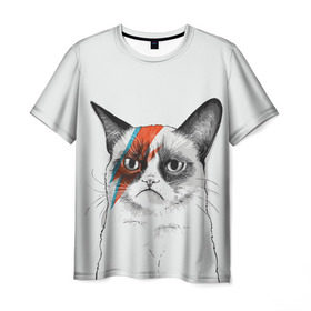 Мужская футболка 3D с принтом Grumpy cat (David Bowie) , 100% полиэфир | прямой крой, круглый вырез горловины, длина до линии бедер | Тематика изображения на принте: бодиарт | грумпи | дэвид боуи | злой кот | интернет | котей | котик | кошка | мем | мемас | мемчик. | молния на лице | рисунок на лице | сердитый