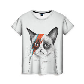 Женская футболка 3D с принтом Grumpy cat (David Bowie) , 100% полиэфир ( синтетическое хлопкоподобное полотно) | прямой крой, круглый вырез горловины, длина до линии бедер | бодиарт | грумпи | дэвид боуи | злой кот | интернет | котей | котик | кошка | мем | мемас | мемчик. | молния на лице | рисунок на лице | сердитый
