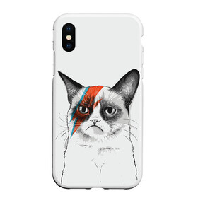 Чехол для iPhone XS Max матовый с принтом Grumpy cat (David Bowie) , Силикон | Область печати: задняя сторона чехла, без боковых панелей | бодиарт | грумпи | дэвид боуи | злой кот | интернет | котей | котик | кошка | мем | мемас | мемчик. | молния на лице | рисунок на лице | сердитый