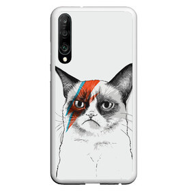 Чехол для Honor P30 с принтом Grumpy cat (David Bowie) , Силикон | Область печати: задняя сторона чехла, без боковых панелей | бодиарт | грумпи | дэвид боуи | злой кот | интернет | котей | котик | кошка | мем | мемас | мемчик. | молния на лице | рисунок на лице | сердитый