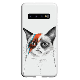 Чехол для Samsung Galaxy S10 с принтом Grumpy cat (David Bowie) , Силикон | Область печати: задняя сторона чехла, без боковых панелей | Тематика изображения на принте: бодиарт | грумпи | дэвид боуи | злой кот | интернет | котей | котик | кошка | мем | мемас | мемчик. | молния на лице | рисунок на лице | сердитый