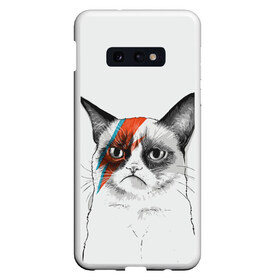 Чехол для Samsung S10E с принтом Grumpy cat (David Bowie) , Силикон | Область печати: задняя сторона чехла, без боковых панелей | бодиарт | грумпи | дэвид боуи | злой кот | интернет | котей | котик | кошка | мем | мемас | мемчик. | молния на лице | рисунок на лице | сердитый