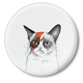 Значок с принтом Grumpy cat (David Bowie) ,  металл | круглая форма, металлическая застежка в виде булавки | бодиарт | грумпи | дэвид боуи | злой кот | интернет | котей | котик | кошка | мем | мемас | мемчик. | молния на лице | рисунок на лице | сердитый