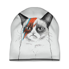 Шапка 3D с принтом Grumpy cat (David Bowie) , 100% полиэстер | универсальный размер, печать по всей поверхности изделия | Тематика изображения на принте: бодиарт | грумпи | дэвид боуи | злой кот | интернет | котей | котик | кошка | мем | мемас | мемчик. | молния на лице | рисунок на лице | сердитый