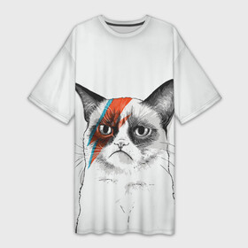 Платье-футболка 3D с принтом Grumpy cat (David Bowie) ,  |  | бодиарт | грумпи | дэвид боуи | злой кот | интернет | котей | котик | кошка | мем | мемас | мемчик. | молния на лице | рисунок на лице | сердитый