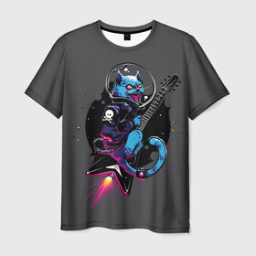 Мужская футболка 3D с принтом Cat Metal , 100% полиэфир | прямой крой, круглый вырез горловины, длина до линии бедер | cat | heavy | metal | music | rock | гитара | кот | котик | кошка | музыка | рок