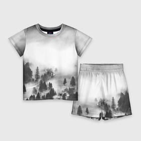 Детский костюм с шортами 3D с принтом Лес и туман ,  |  | Тематика изображения на принте: black and white | лес | лес и туман | туман | чернобелый  фон | чернобелый лес