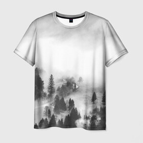 Мужская футболка 3D с принтом Лес и туман , 100% полиэфир | прямой крой, круглый вырез горловины, длина до линии бедер | black and white | лес | лес и туман | туман | чернобелый  фон | чернобелый лес