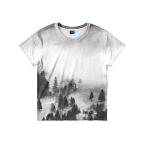 Детская футболка 3D с принтом Лес и туман , 100% гипоаллергенный полиэфир | прямой крой, круглый вырез горловины, длина до линии бедер, чуть спущенное плечо, ткань немного тянется | Тематика изображения на принте: black and white | лес | лес и туман | туман | чернобелый  фон | чернобелый лес