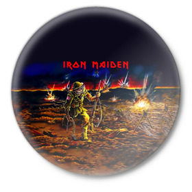 Значок с принтом Боец Iron Maiden ,  металл | круглая форма, металлическая застежка в виде булавки | Тематика изображения на принте: iron maiden | адриан смит | айрон мейден | война | группа | дэйв мюррей | железная дева | ирон майден | метал | мрачный | музыка | песни | рок | солдат | стив харрис | тяжелый | хеви | хевиметал