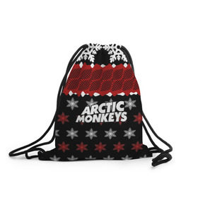 Рюкзак-мешок 3D с принтом Праздничный Arctic Monkeys , 100% полиэстер | плотность ткани — 200 г/м2, размер — 35 х 45 см; лямки — толстые шнурки, застежка на шнуровке, без карманов и подкладки | Тематика изображения на принте: алекс тёрнер | арктик | арктические мартышки | гаражный | группа | джейми кук | знак | инди рок | красный | м | манкис | музыка | надпись | ник о мэлли | новогодний | новый год | обезьяна