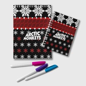 Блокнот с принтом Праздничный Arctic Monkeys , 100% бумага | 48 листов, плотность листов — 60 г/м2, плотность картонной обложки — 250 г/м2. Листы скреплены удобной пружинной спиралью. Цвет линий — светло-серый
 | Тематика изображения на принте: алекс тёрнер | арктик | арктические мартышки | гаражный | группа | джейми кук | знак | инди рок | красный | м | манкис | музыка | надпись | ник о мэлли | новогодний | новый год | обезьяна