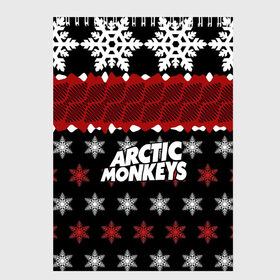 Скетчбук с принтом Праздничный Arctic Monkeys , 100% бумага
 | 48 листов, плотность листов — 100 г/м2, плотность картонной обложки — 250 г/м2. Листы скреплены сверху удобной пружинной спиралью | Тематика изображения на принте: алекс тёрнер | арктик | арктические мартышки | гаражный | группа | джейми кук | знак | инди рок | красный | м | манкис | музыка | надпись | ник о мэлли | новогодний | новый год | обезьяна