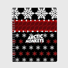 Тетрадь с принтом Праздничный Arctic Monkeys , 100% бумага | 48 листов, плотность листов — 60 г/м2, плотность картонной обложки — 250 г/м2. Листы скреплены сбоку удобной пружинной спиралью. Уголки страниц и обложки скругленные. Цвет линий — светло-серый
 | алекс тёрнер | арктик | арктические мартышки | гаражный | группа | джейми кук | знак | инди рок | красный | м | манкис | музыка | надпись | ник о мэлли | новогодний | новый год | обезьяна