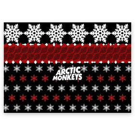 Поздравительная открытка с принтом Праздничный Arctic Monkeys , 100% бумага | плотность бумаги 280 г/м2, матовая, на обратной стороне линовка и место для марки
 | Тематика изображения на принте: алекс тёрнер | арктик | арктические мартышки | гаражный | группа | джейми кук | знак | инди рок | красный | м | манкис | музыка | надпись | ник о мэлли | новогодний | новый год | обезьяна