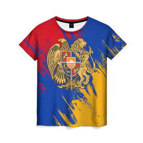 Женская футболка 3D с принтом Герб и флаг Армении , 100% полиэфир ( синтетическое хлопкоподобное полотно) | прямой крой, круглый вырез горловины, длина до линии бедер | армения | герб армении | герб и флаг армении | флаг армении