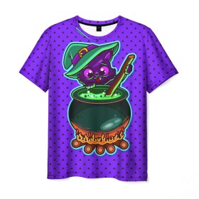 Мужская футболка 3D с принтом Кошка-ведьмочка , 100% полиэфир | прямой крой, круглый вырез горловины, длина до линии бедер | halloween | helloween | ведунья | ведьма | зелье | кот | котел | котик | кошка | магия | хеллоуин | хэллоуин