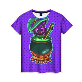 Женская футболка 3D с принтом Кошка-ведьмочка , 100% полиэфир ( синтетическое хлопкоподобное полотно) | прямой крой, круглый вырез горловины, длина до линии бедер | halloween | helloween | ведунья | ведьма | зелье | кот | котел | котик | кошка | магия | хеллоуин | хэллоуин