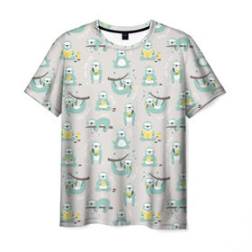 Мужская футболка 3D с принтом Ленивцы , 100% полиэфир | прямой крой, круглый вырез горловины, длина до линии бедер | дерево | книга | ленивец | милота | сон | спать | чтение