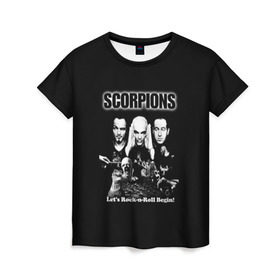 Женская футболка 3D с принтом Группа Scorpions , 100% полиэфир ( синтетическое хлопкоподобное полотно) | прямой крой, круглый вырез горловины, длина до линии бедер | scorpions | группа | скорпионс | хард | хардрок