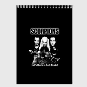 Скетчбук с принтом Группа Scorpions , 100% бумага
 | 48 листов, плотность листов — 100 г/м2, плотность картонной обложки — 250 г/м2. Листы скреплены сверху удобной пружинной спиралью | Тематика изображения на принте: scorpions | группа | скорпионс | хард | хардрок