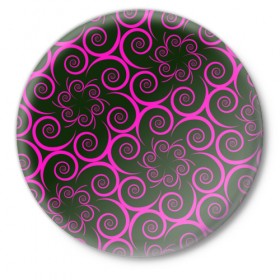 Значок с принтом Розовые цветы ,  металл | круглая форма, металлическая застежка в виде булавки | Тематика изображения на принте: pink | кружева | лепестки | розовый | спираль | узор | фрактал | цветки | цветок | цветы
