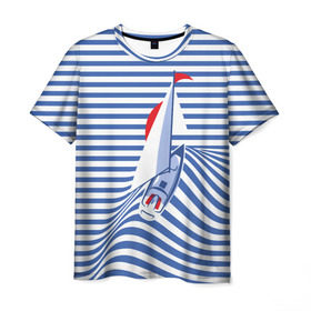 Мужская футболка 3D с принтом Яхта , 100% полиэфир | прямой крой, круглый вырез горловины, длина до линии бедер | Тематика изображения на принте: flag | joke | prank | sail | sea | stripes | water | waves | yacht vest | вода | волны | море | парус | полосы | прикол | тельняшка | флаг | шутка | яхта