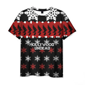 Мужская футболка 3D с принтом Праздничный Hollywood Undead , 100% полиэфир | прямой крой, круглый вырез горловины, длина до линии бедер | Тематика изображения на принте: charlie scene | danny | funny man | hollywood | j dog | johnny 3 tears | undead | андед | голивуд | голливудская | группа | знак | кранккор | красный | метал | надпись | нежить | новогодний | новый год | ню | праздник | реп | рождество