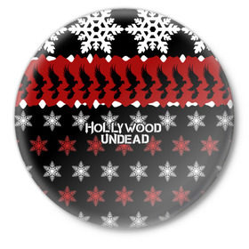 Значок с принтом Праздничный Hollywood Undead ,  металл | круглая форма, металлическая застежка в виде булавки | charlie scene | danny | funny man | hollywood | j dog | johnny 3 tears | undead | андед | голивуд | голливудская | группа | знак | кранккор | красный | метал | надпись | нежить | новогодний | новый год | ню | праздник | реп | рождество