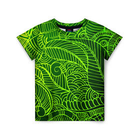 Детская футболка 3D с принтом зеленые узоры , 100% гипоаллергенный полиэфир | прямой крой, круглый вырез горловины, длина до линии бедер, чуть спущенное плечо, ткань немного тянется | green | абстракция | арт | восток | геометрия | зелень | индия | орнамент | роспись | узоры | цветы