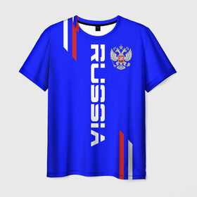 Мужская футболка 3D с принтом Russia надпись и герб , 100% полиэфир | прямой крой, круглый вырез горловины, длина до линии бедер | russia | герб | россия | рф | триколор