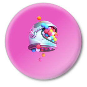 Значок с принтом Colorful balls ,  металл | круглая форма, металлическая застежка в виде булавки | balls | colorful | helmet | pink | колорит | космонавт | космос | розовый | скафандр | цвет | шарики | шары | шлем