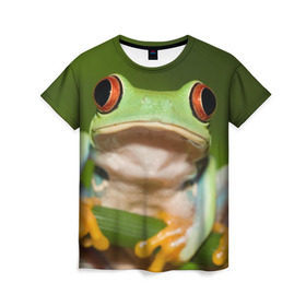 Женская футболка 3D с принтом Лягушка , 100% полиэфир ( синтетическое хлопкоподобное полотно) | прямой крой, круглый вырез горловины, длина до линии бедер | frog | жаба | животные | зеленый | ква | лягуха | лягушка | лягушонок