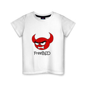 Детская футболка хлопок с принтом FreeBSD демон , 100% хлопок | круглый вырез горловины, полуприлегающий силуэт, длина до линии бедер | Тематика изображения на принте: bsd | demon | freebsd | os | unix | демон | злой | ос | чёртик