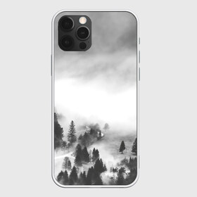 Чехол для iPhone 12 Pro Max с принтом Туманный лес , Силикон |  | бор | деревья | дым | елки | лес | природа | туман | чб | черно белое