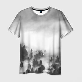 Мужская футболка 3D с принтом Туманный лес , 100% полиэфир | прямой крой, круглый вырез горловины, длина до линии бедер | бор | деревья | дым | елки | лес | природа | туман | чб | черно белое