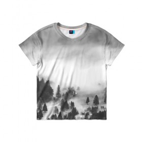 Детская футболка 3D с принтом Туманный лес , 100% гипоаллергенный полиэфир | прямой крой, круглый вырез горловины, длина до линии бедер, чуть спущенное плечо, ткань немного тянется | бор | деревья | дым | елки | лес | природа | туман | чб | черно белое