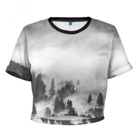 Женская футболка 3D укороченная с принтом Туманный лес , 100% полиэстер | круглая горловина, длина футболки до линии талии, рукава с отворотами | бор | деревья | дым | елки | лес | природа | туман | чб | черно белое