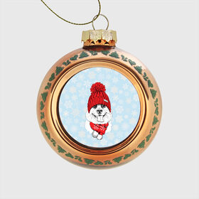Стеклянный ёлочный шар с принтом Собачка в шапочке , Стекло | Диаметр: 80 мм | зима | новый год | подарок | рождество | собака