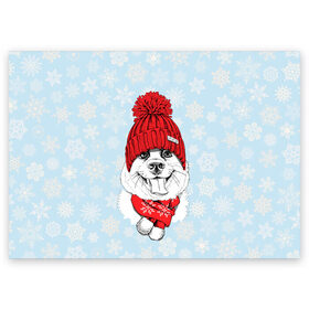 Поздравительная открытка с принтом Собачка в шапочке , 100% бумага | плотность бумаги 280 г/м2, матовая, на обратной стороне линовка и место для марки
 | зима | новый год | подарок | рождество | собака