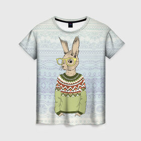 Женская футболка 3D с принтом Кролик хипстер , 100% полиэфир ( синтетическое хлопкоподобное полотно) | прямой крой, круглый вырез горловины, длина до линии бедер | Тематика изображения на принте: зима | кролик | новый год | подарок | рождество