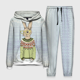 Мужской костюм 3D (с толстовкой) с принтом Кролик хипстер ,  |  | Тематика изображения на принте: зима | кролик | новый год | подарок | рождество