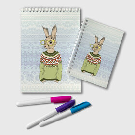 Блокнот с принтом Кролик хипстер , 100% бумага | 48 листов, плотность листов — 60 г/м2, плотность картонной обложки — 250 г/м2. Листы скреплены удобной пружинной спиралью. Цвет линий — светло-серый
 | Тематика изображения на принте: зима | кролик | новый год | подарок | рождество