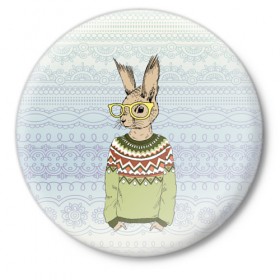 Значок с принтом Кролик хипстер ,  металл | круглая форма, металлическая застежка в виде булавки | Тематика изображения на принте: зима | кролик | новый год | подарок | рождество
