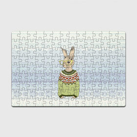 Пазл магнитный 126 элементов с принтом Кролик хипстер , полимерный материал с магнитным слоем | 126 деталей, размер изделия —  180*270 мм | Тематика изображения на принте: зима | кролик | новый год | подарок | рождество