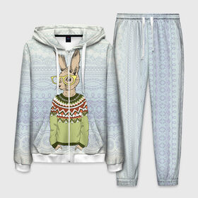Мужской костюм 3D с принтом Кролик хипстер , 100% полиэстер | Манжеты и пояс оформлены тканевой резинкой, двухслойный капюшон со шнурком для регулировки, карманы спереди | зима | кролик | новый год | подарок | рождество