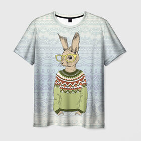 Мужская футболка 3D с принтом Кролик хипстер , 100% полиэфир | прямой крой, круглый вырез горловины, длина до линии бедер | Тематика изображения на принте: зима | кролик | новый год | подарок | рождество